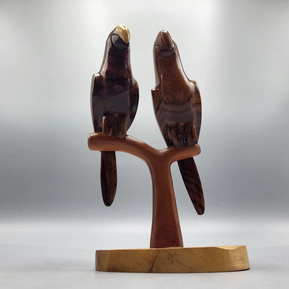 Hand Carved Wood Parrot Sculpture Figurine Pair on Branch Shelf Decor 6.25